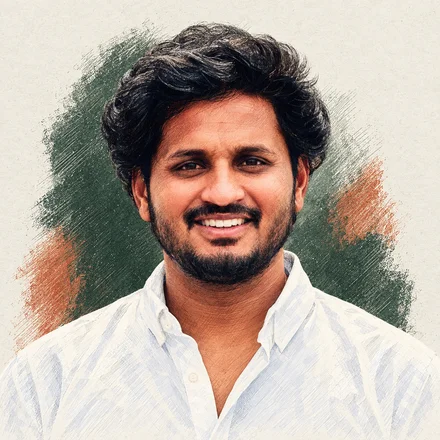 Illustrated portrait of Viswaroop Vadlamudi, smiling in a white shirt